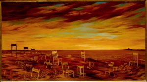 Party, Oil on board, 20×36 inches, 1969