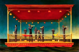 Barge with Silver Trumpet, Oil on board inches, 19.75×29.75 inches, 1971