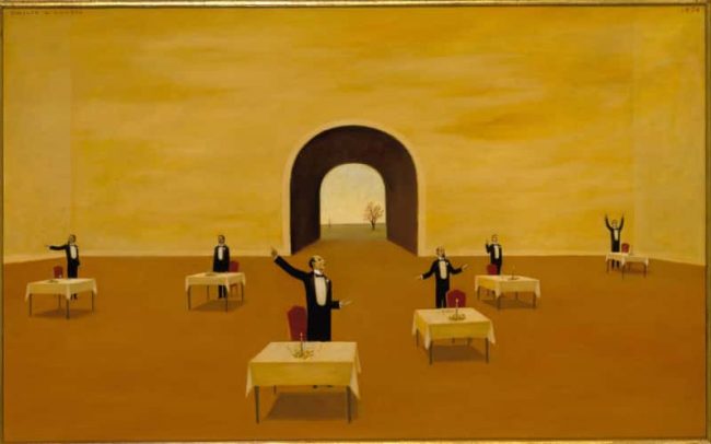 After Dinner Speaker, Oil on board, 20×31.75 inches, 1974