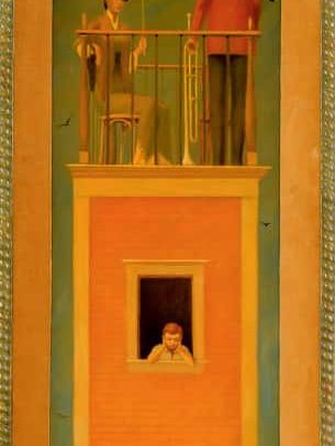 The Tower III, Oil on board, 29.75×9 inches, 1974