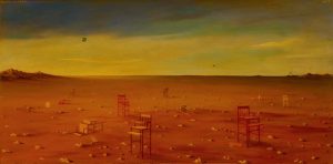 Landscape with High Chairs, Oil on board inches, 19.75×39.75 inches, 1976