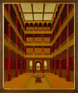 Court for Birds also: Interior Court for Birds, Oil on board, 37.375×31.5 inches, 1980