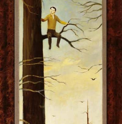 Boy in Tree, Oil on board, 29.625×11.75 inches, 1992